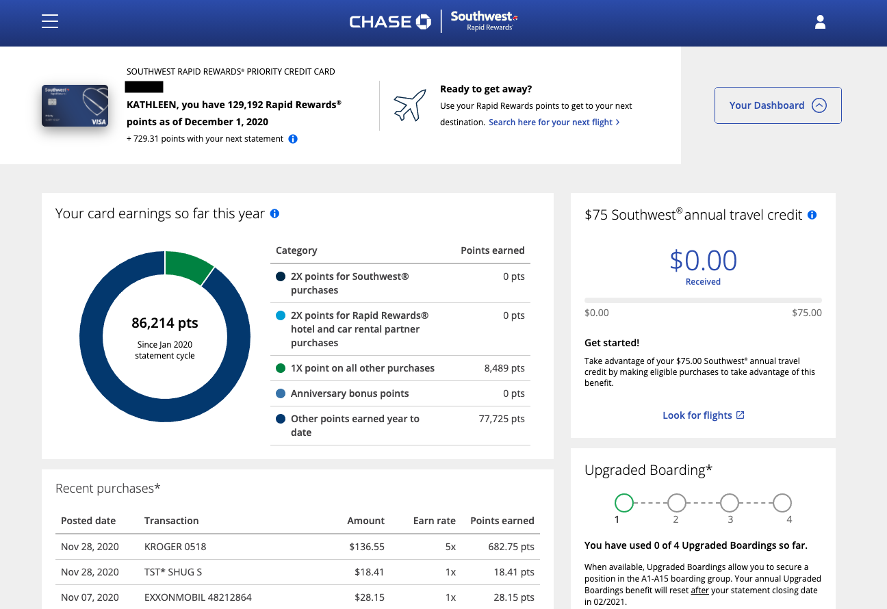   This dashboard helps you track which benefits you’ve already used – as you can see, I’ve barely flown this year and have yet to use my $75 travel credit and 4 Upgraded Boardings. Ignore the $18 purchase at a bagel shop called Shug’s; I was weak and they were delicious.  