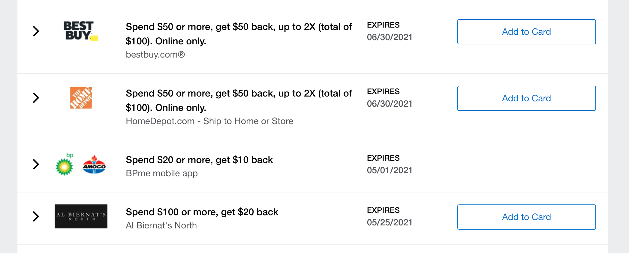   This is a great example of how they work, and I should really be better about checking back to see new ones – in this case, you’ll see you can get essentially $100 back at Best Buy and Home Depot through June, $10 off $20 of gas at BP, etc.   