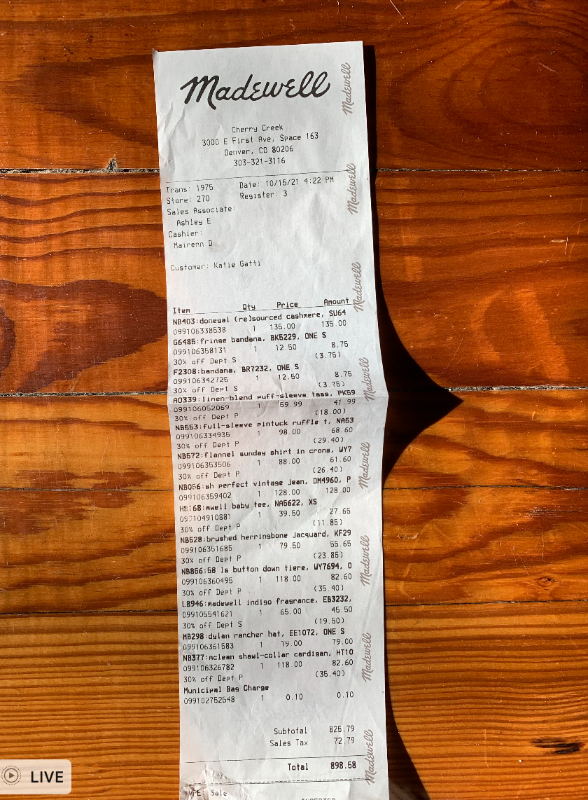  There you have it – $898.58 of clothing. The blue cashmere sweater was the single-most expensive piece clocking in at $135, and the jeans were a close second at $128.  