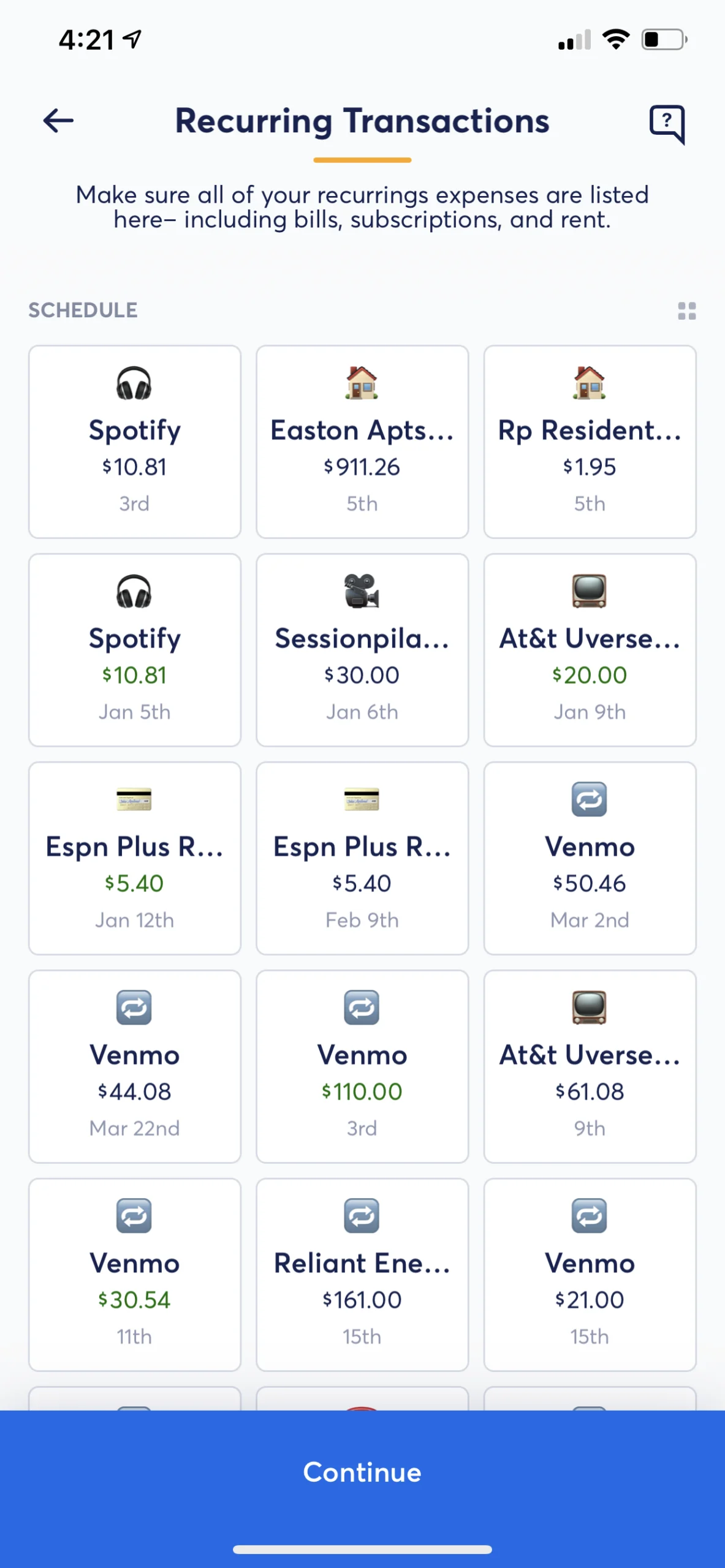   This screen gave me heartburn at first, but I just went through one by one and categorized things appropriately. If I didn’t recognize the charge at all, I deleted it, and would go back later and re-add the Venmo reimbursements back in. As noted, this is no longer an issue because they’re (to my knowledge) the only budgeting app that pipes in Venmo data directly. 12/10.  