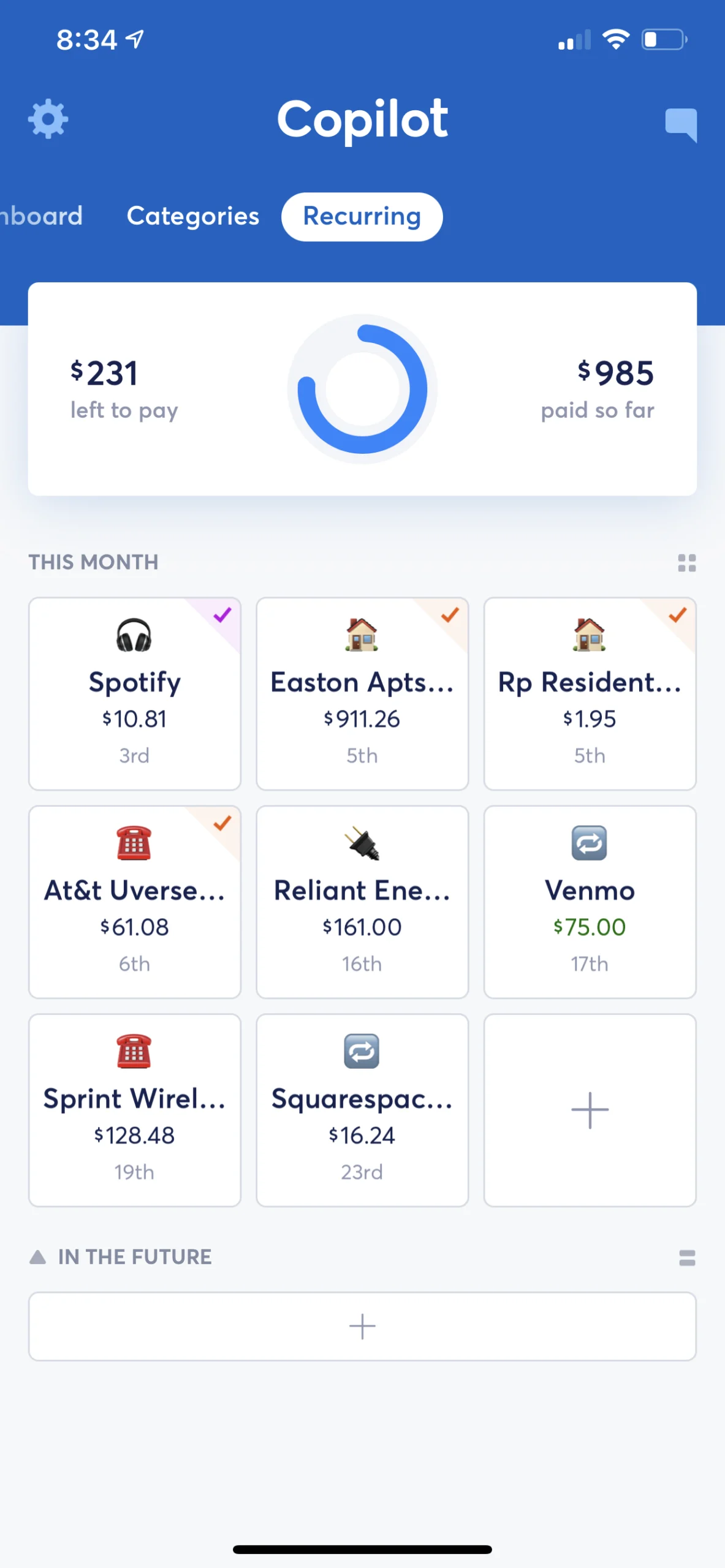   Here’s where your Recurring charges live each month. As you can see, at the time of this screenshot, it told me that I had already paid $985 worth of them, but still had $231 left to pay.  