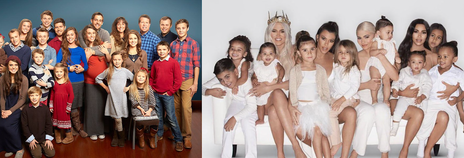   Left: What “having a big family” conjured in the popular imagination just a few years ago (religious, hand-me-down clothes, etc.). Right: The glossy, well-lit high-income vision of “big family” in American popular culture today.  
